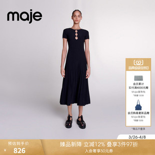 气质黑色镂空设计收腰圆领长款 百褶针织连衣裙 法式 Maje春夏女装