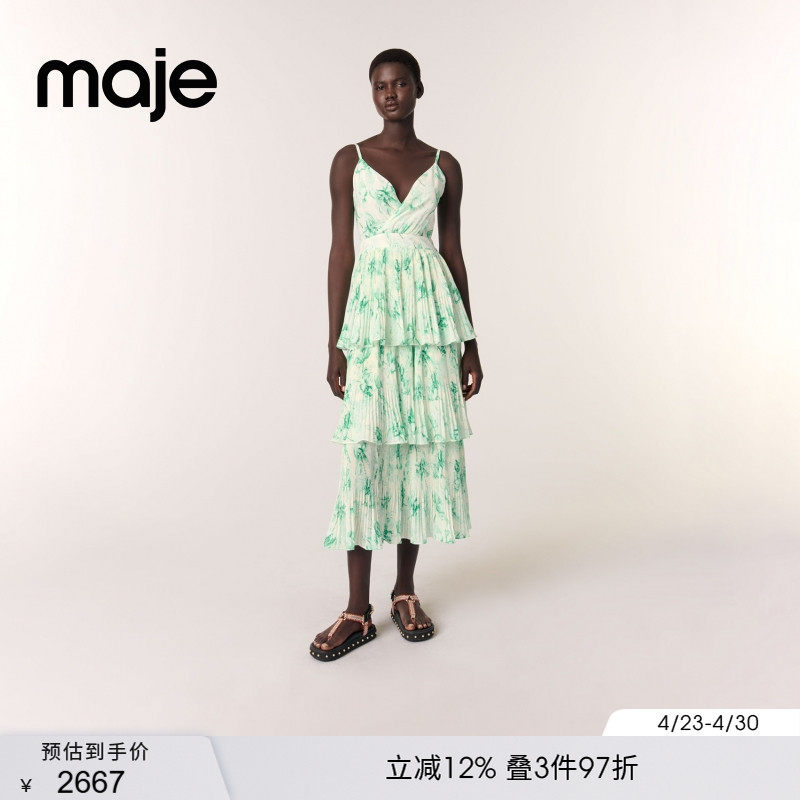 Maje2025春夏女装法式时尚荷叶边印花修身V领长款百褶吊带连衣裙