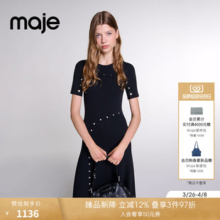 长款 Maje秋冬女装 针织连衣裙 饰圆领修身 黑色银色纽扣装 法式 经典
