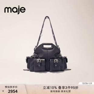 Maje2025春夏女士法式 黑色多口袋四叶草可调节包袋吊坠背提包 时尚