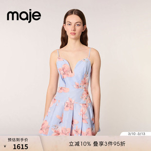 Maje2025春夏女装法式时尚花卉印花V领收腰短款吊带喇叭连衣裙