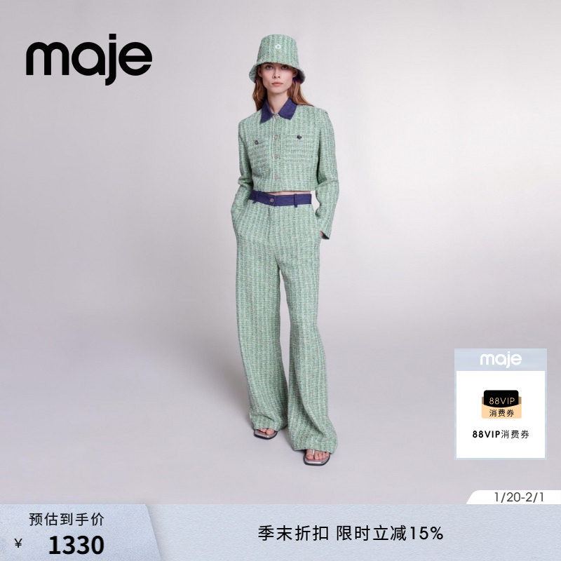 Maje春夏女装时尚气质通勤拼接翻领单排扣宽松短款长袖花呢外套,女装/女士精品,短外套,淘宝优惠券,粉丝福利购,淘宝优惠卷