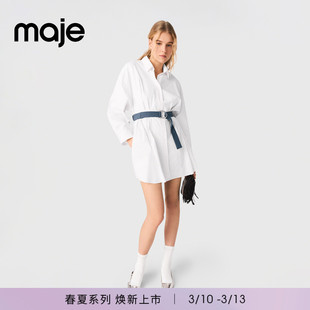 Maje2026早春新款女装法式时尚白色长袖短款衬衫式翻领棉质连衣裙