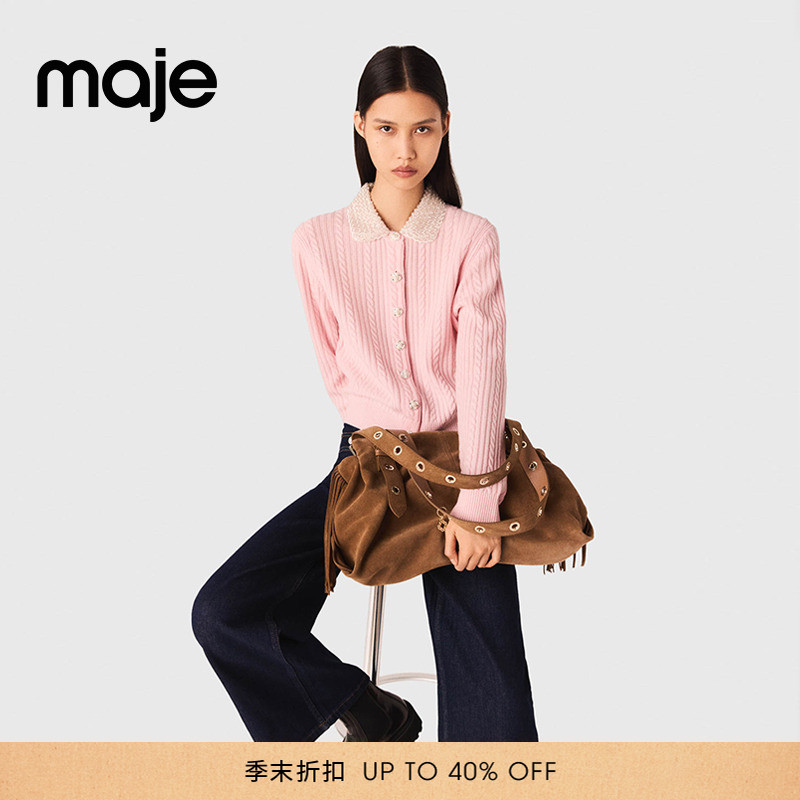 可拆卸仿珍珠装饰领 气质绞花单排扣开衫