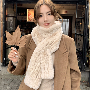 韩版 编织真毛皮草围脖纯色双面加厚冬保暖披肩 獭兔毛毛围巾加长款