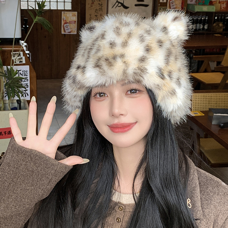 复古豹纹可爱小熊护耳帽渔夫帽