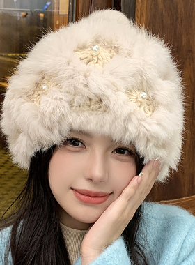 毛毛帽子秋冬真兔毛皮草帽子加厚保暖护耳帽珍珠名媛针织帽包头帽