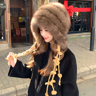 韩版真狐狸毛护耳帽女冬季保暖流苏复古显脸小拍照防寒皮草帽子