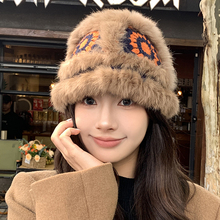 兔毛针织毛绒帽女秋冬季毛茸茸虎头醒狮渔夫帽可爱显脸小毛线帽子
