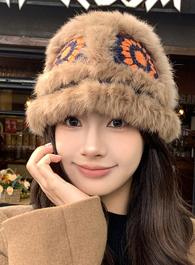 兔毛针织毛绒帽女秋冬季毛茸茸虎头醒狮渔夫帽可爱显脸小毛线帽子