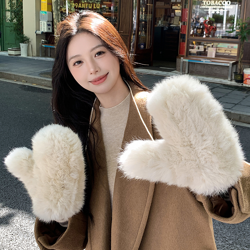 加厚保暖兔毛编制手套连指手套女