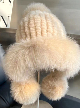 水貂毛皮草帽子编织水貂渔夫帽狐狸毛护耳帽加厚保暖护耳帽风雪帽