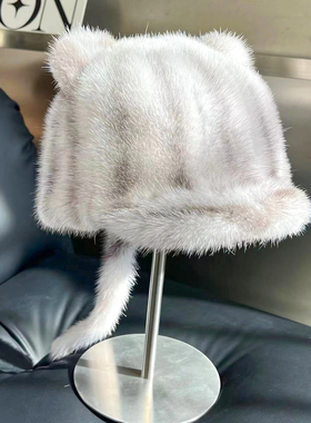 可爱水貂毛猫耳朵帽子黑色貂皮小尾巴帽子鸭舌帽休闲棒球帽护耳帽