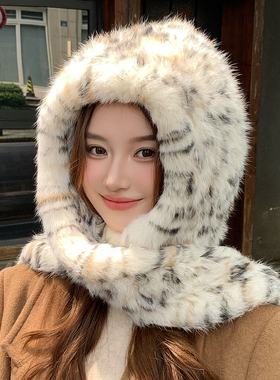 女冬季真兔毛连帽围巾一体风雪帽