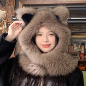 可爱猫耳朵狐狸毛围巾一体风雪帽女两用皮草帽子加厚保暖围脖连帽
