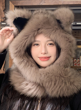 可爱猫耳朵狐狸毛围巾一体风雪帽女两用皮草帽子加厚保暖围脖连帽