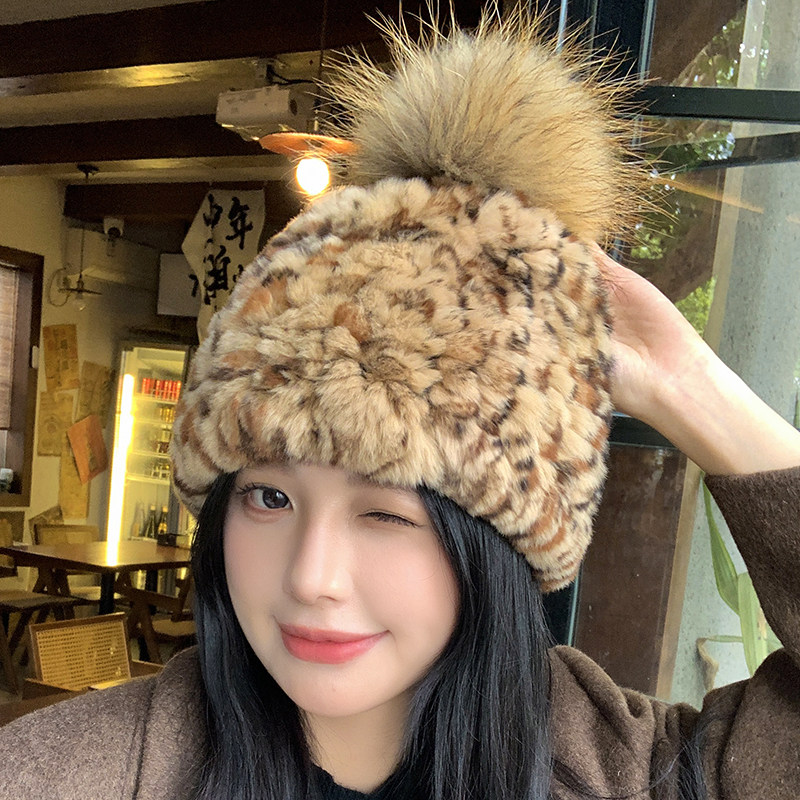 复古豹纹毛毛帽子加厚保暖护耳帽防寒毛绒针织帽包头帽显脸小盆帽