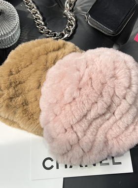 韩国真獭兔毛皮草帽子加厚毛毛帽防寒保暖护耳帽毛绒针织帽包头帽