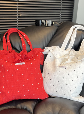 慵懒风波点红色荷叶边雪纺布包包女春夏季帆布包甜美大容量托特包
