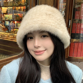 真水貂毛渔夫帽冬季 皮草帽子韩国可调节显脸小百搭日系盆帽包头帽