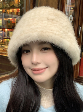 真水貂毛渔夫帽冬季皮草帽子韩国可调节显脸小百搭日系盆帽包头帽