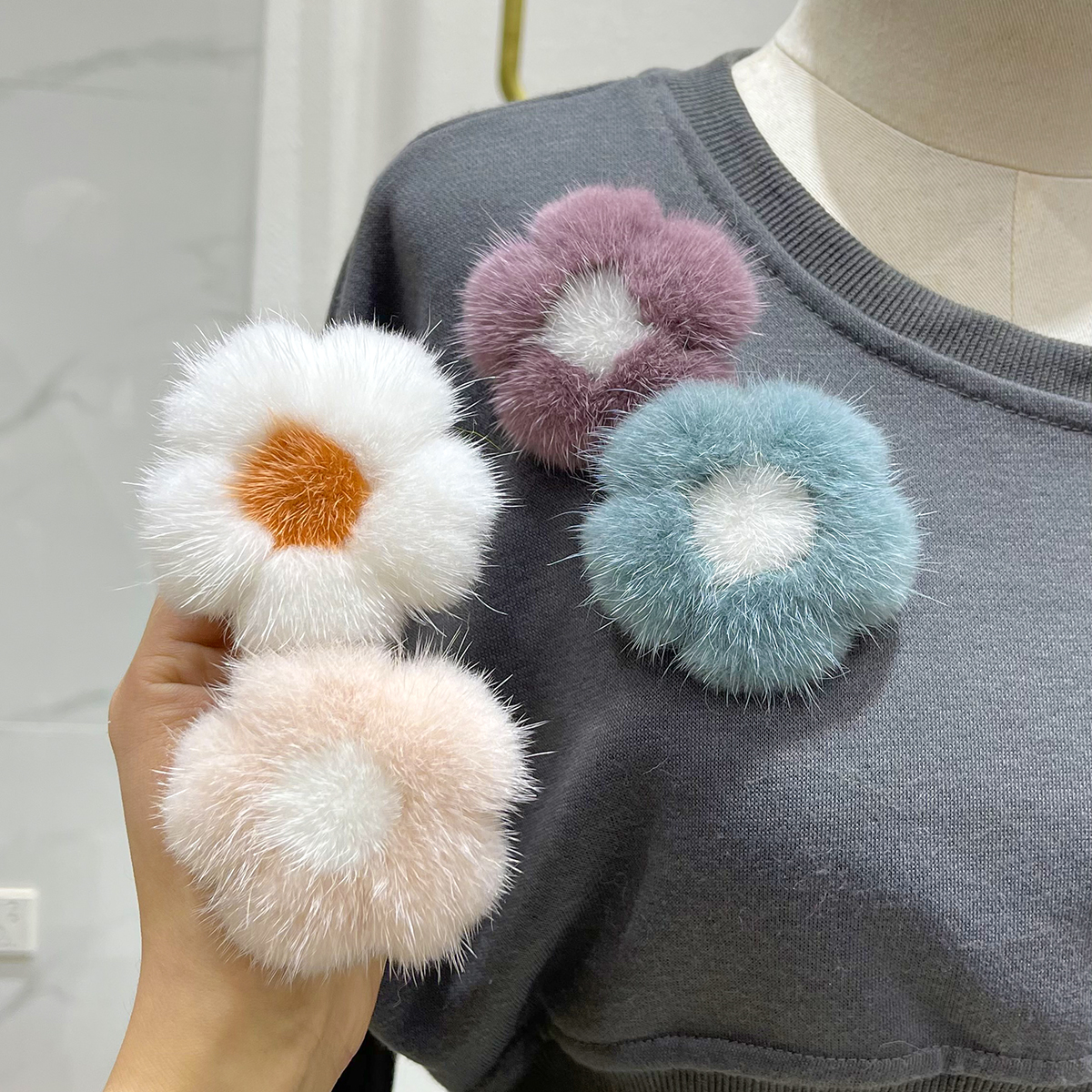 真水貂毛别针胸针可爱女