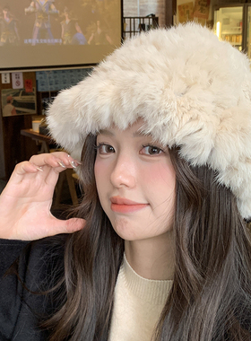 兔毛帽子女秋冬季加厚保暖毛毛帽毛线帽显脸小皮草护耳毛绒渔夫帽