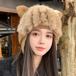 可爱猫耳朵兔毛针织毛线帽子加厚防寒护耳帽子保暖护耳显脸小冷帽