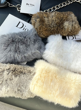 毛毛束发带秋冬日常外戴兔毛围脖发箍女毛绒皮草头巾韩国头饰网红