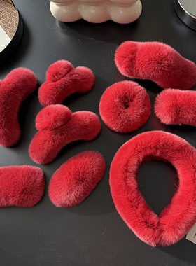 红色系列～网红毛毛绒发夹女复古秋冬后脑勺抓夹气质发卡发绳头饰