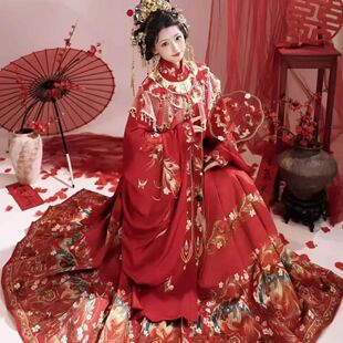 大码汉服女200斤胖mm明制红色重工刺绣花嫁婚服立领衫云肩马面裙
