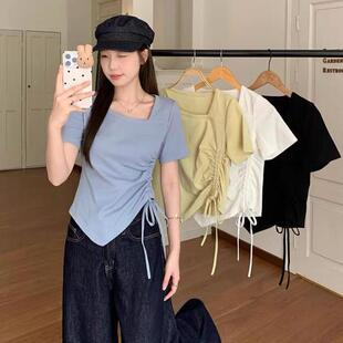 大码胖mm300斤不规则抽绳收腰短袖T恤女学生修身显瘦百搭方领上衣