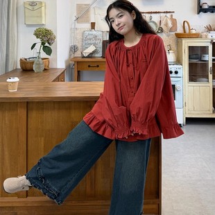 女宽松褶皱春秋设计感上衣 衬衫 大码 胖MM300斤日系复古红色灯笼袖