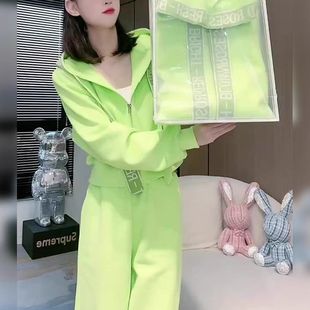 炸街两件套 女春秋高腰显瘦休闲裤 大码 300斤多巴胺风连帽卫衣套装