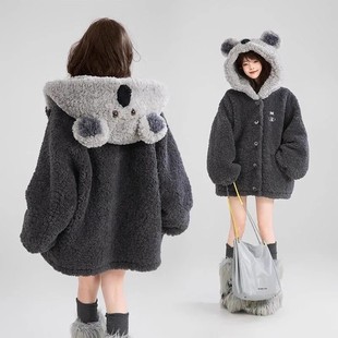 大码300斤可爱考拉羊羔毛外套女连帽加绒加厚保暖短款毛绒绒外套