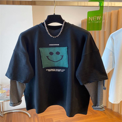 贴布笑脸t恤秋冬长袖拼接假两件