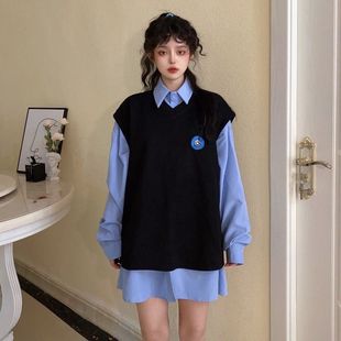 长袖 ins无袖 马甲背心 两件套潮 衬衫 套装 300斤胖mm宽松大码 女新款
