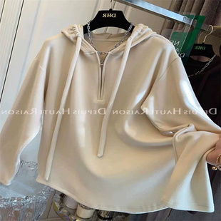 半拉链连帽纯色上衣女胖mm显瘦正肩t恤外套潮ins 韩版 300斤大码