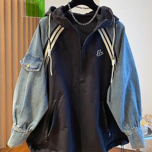 大码 百搭遮肉显瘦上衣 宽松300斤胖mm牛仔拼接半拉链连帽卫衣秋季