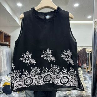 女ins潮 2025夏季 新款 百搭宽松300斤胖mm显瘦圆领无袖 蕾丝拼接衬衫