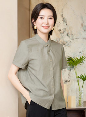 YUN韫条纹女款短袖衬衫夏季翻领通勤时尚女衬衣职业女性衣服