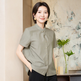 YUN韫条纹女款短袖衬衫夏季翻领通勤时尚女衬衣职业女性衣服