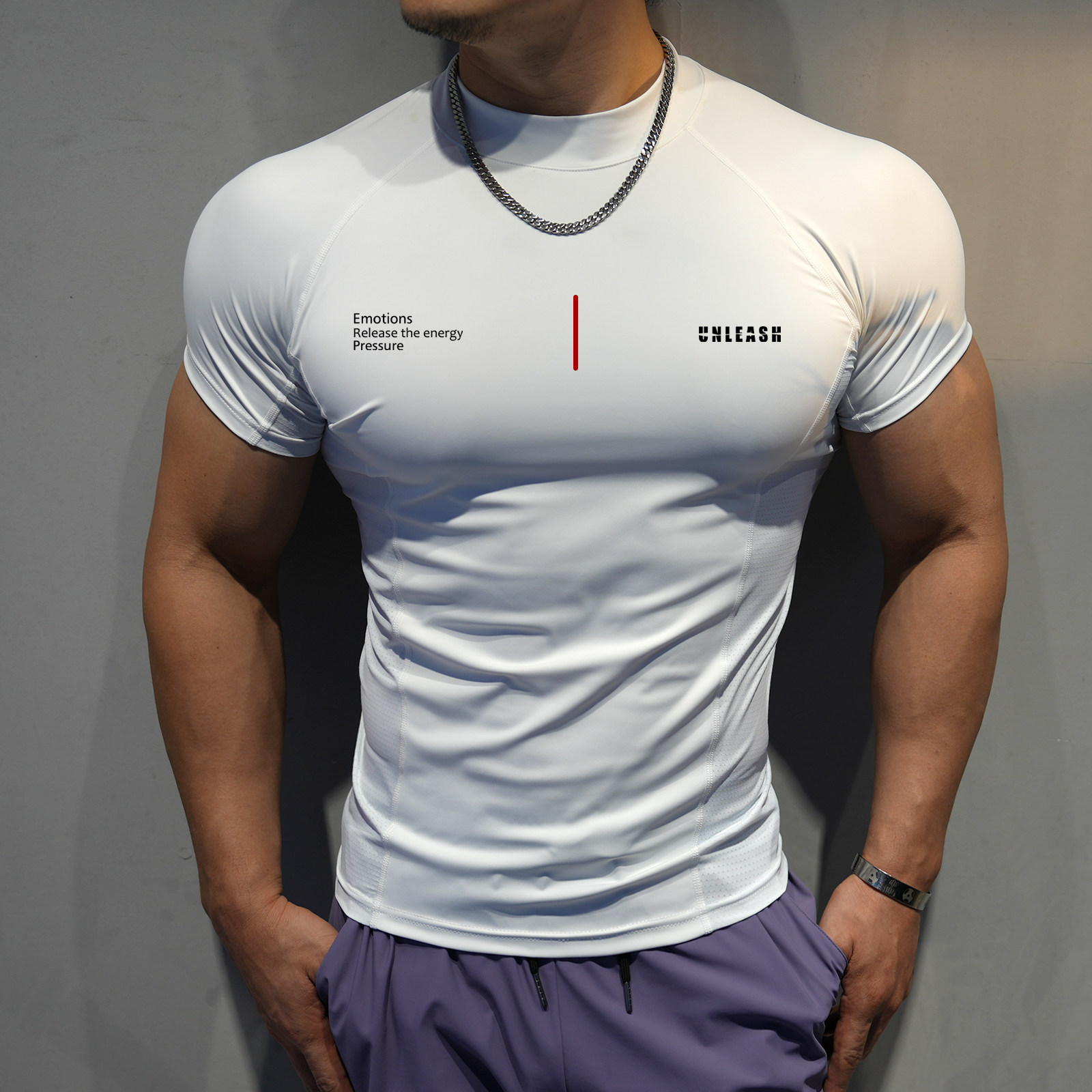 高品质男士短袖小高领健身衣立领速干透气速干高弹紧身衣训练T恤