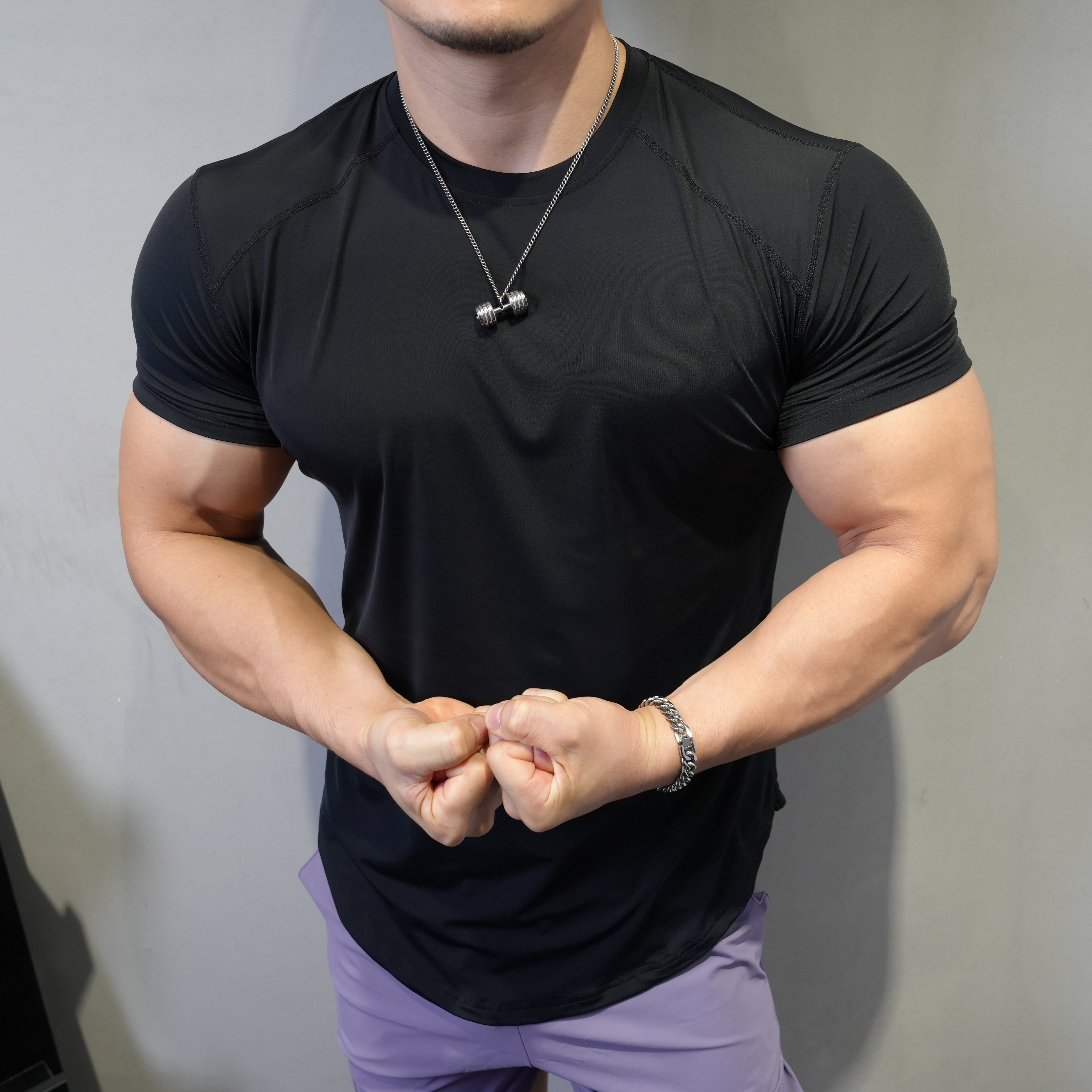 美式弧度下摆夏季速干长短袖T恤跑步弹力紧身衣运动健身衣男上衣