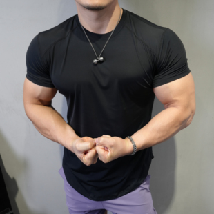 美式弧度下摆夏季速干长短袖T恤跑步弹力紧身衣运动健身衣男上衣