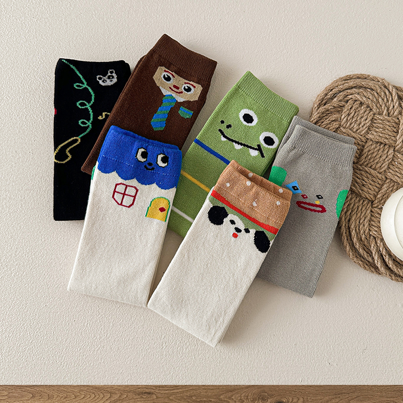 儿童袜子抽象几何图案纯棉男女童中筒袜秋冬大童半筒袜宝宝长筒袜