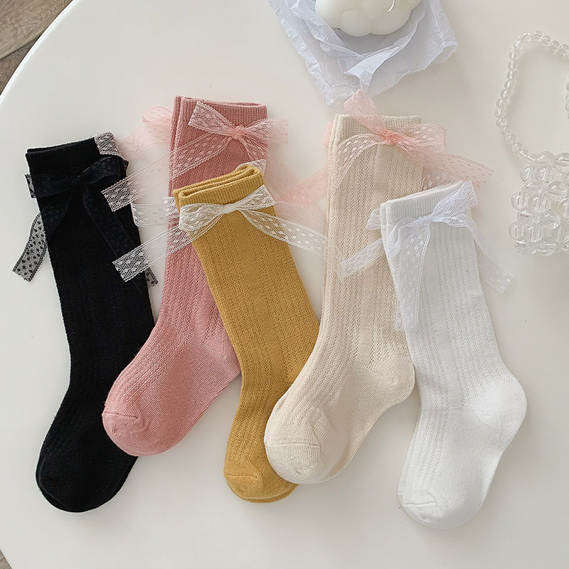 女童袜子纯棉春夏季儿童中筒袜薄款网眼蝴蝶洋气公主袜韩版宝宝袜