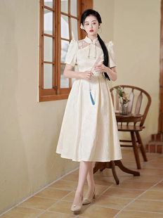 大码 夏季 新中式 女装 白色立领收腰裙子高端复古风改良旗袍连衣裙