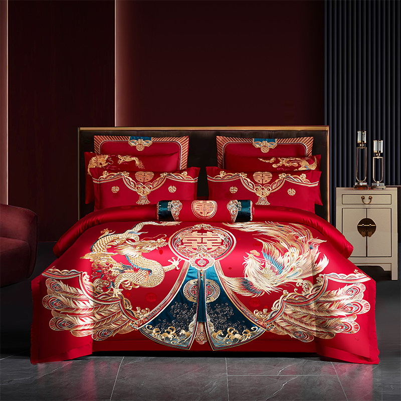 高端160支婚庆长绒棉四件套全棉大红色刺绣结新婚房纯棉床上用品4,床上用品,婚庆床品套件,淘宝优惠券,粉丝福利购,淘宝优惠卷