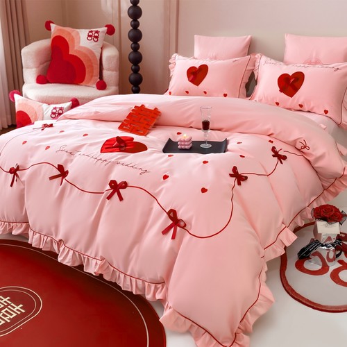 婚庆四件套全棉纯棉长绒棉新婚婚礼粉色刺绣结婚房喜庆床上用品4